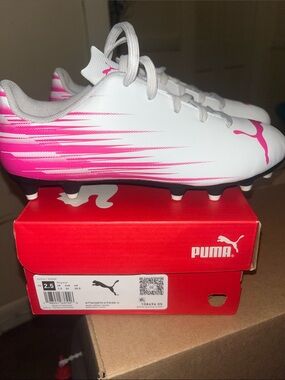 Puma White and Hot Pink Youth Soccer Cleats